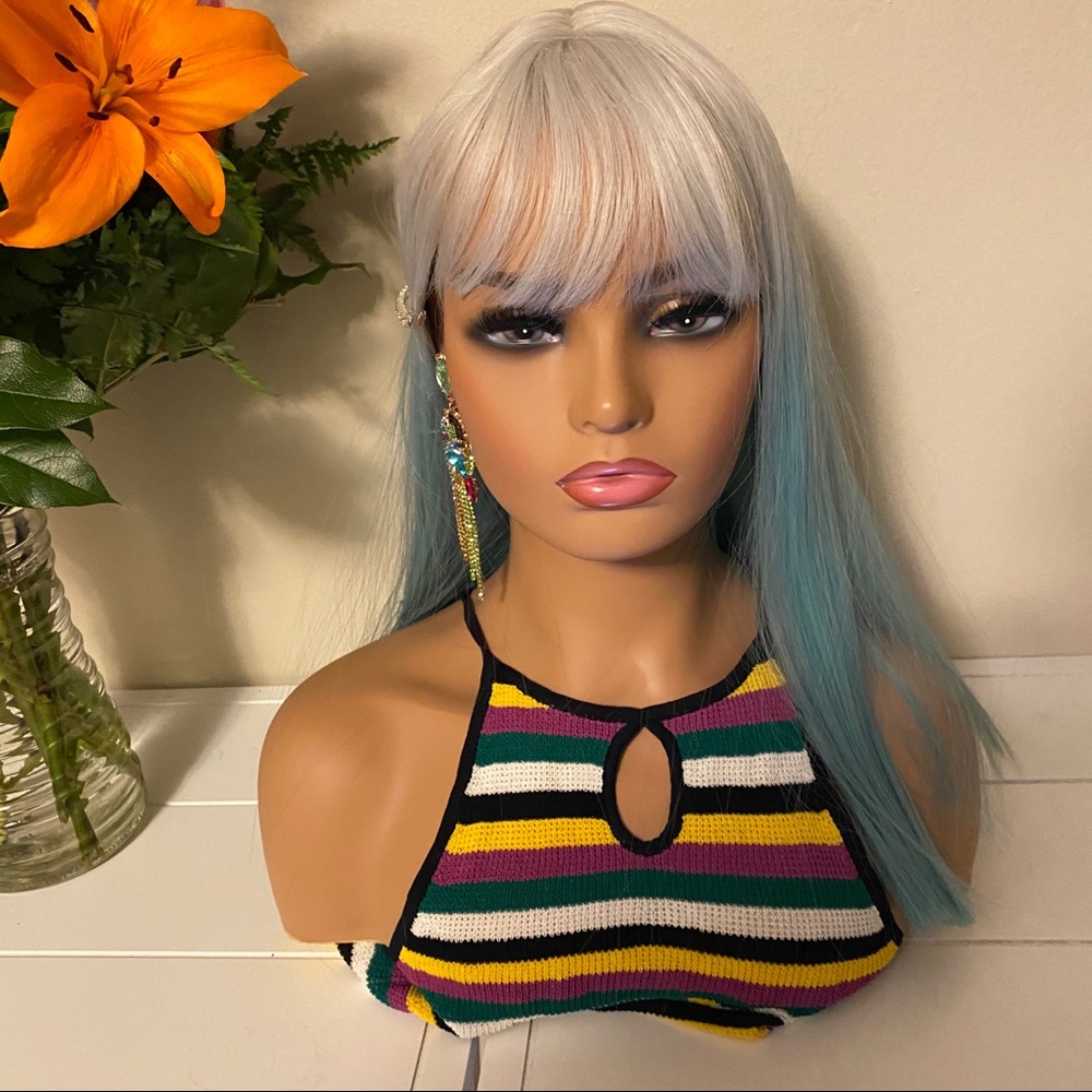 Silver to blue ombré bang straight wig - Picture 8 of 10